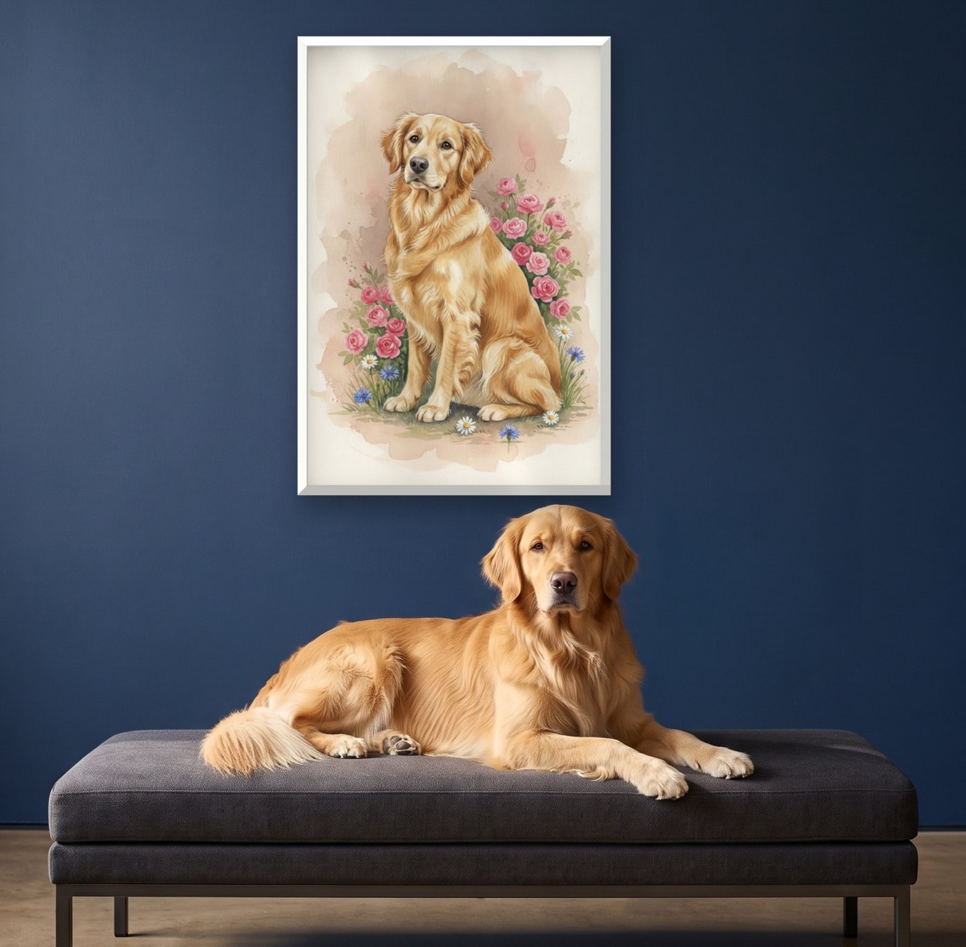 A Golden Retriever lying on a bench under its own watercolour-style portrait on a navy wall