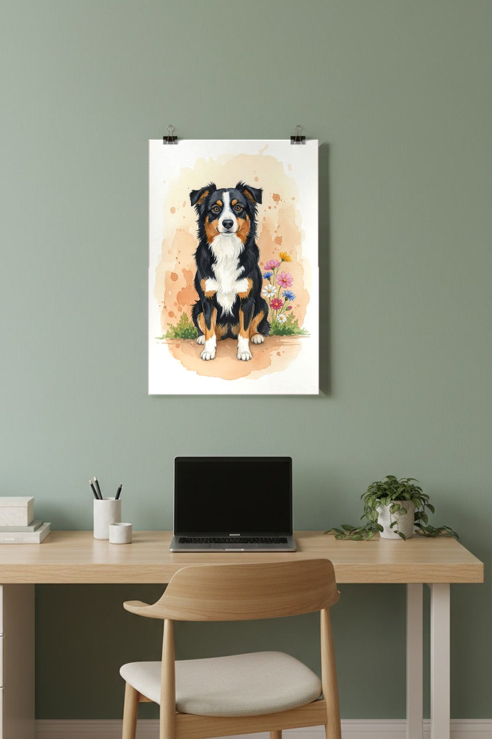 Black Tri - Australian Shepherd watercolour print hung with clips in a home office