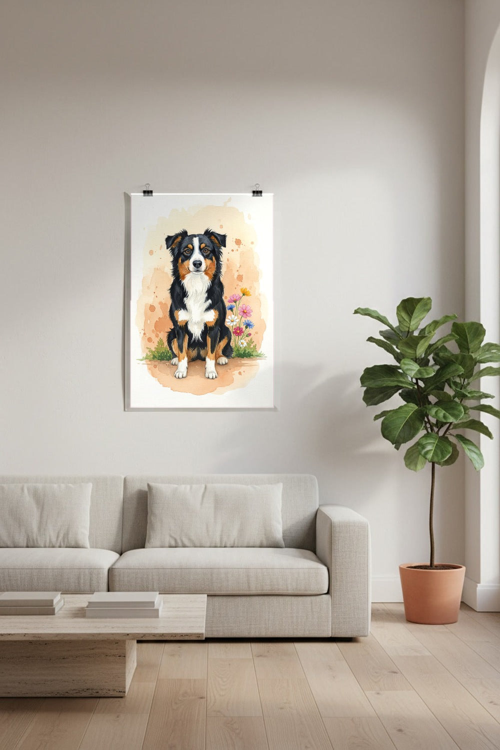 Black Tri - Australian Shepherd watercolour print hung with clips in a designer loft