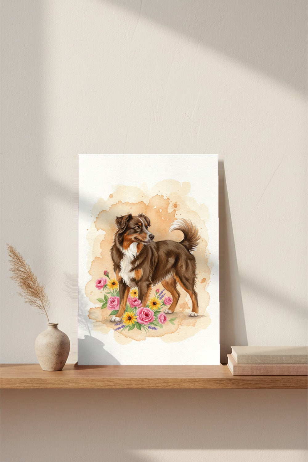 Red Tri - Australian Shepherd watercolour print leaning on a picture ledge