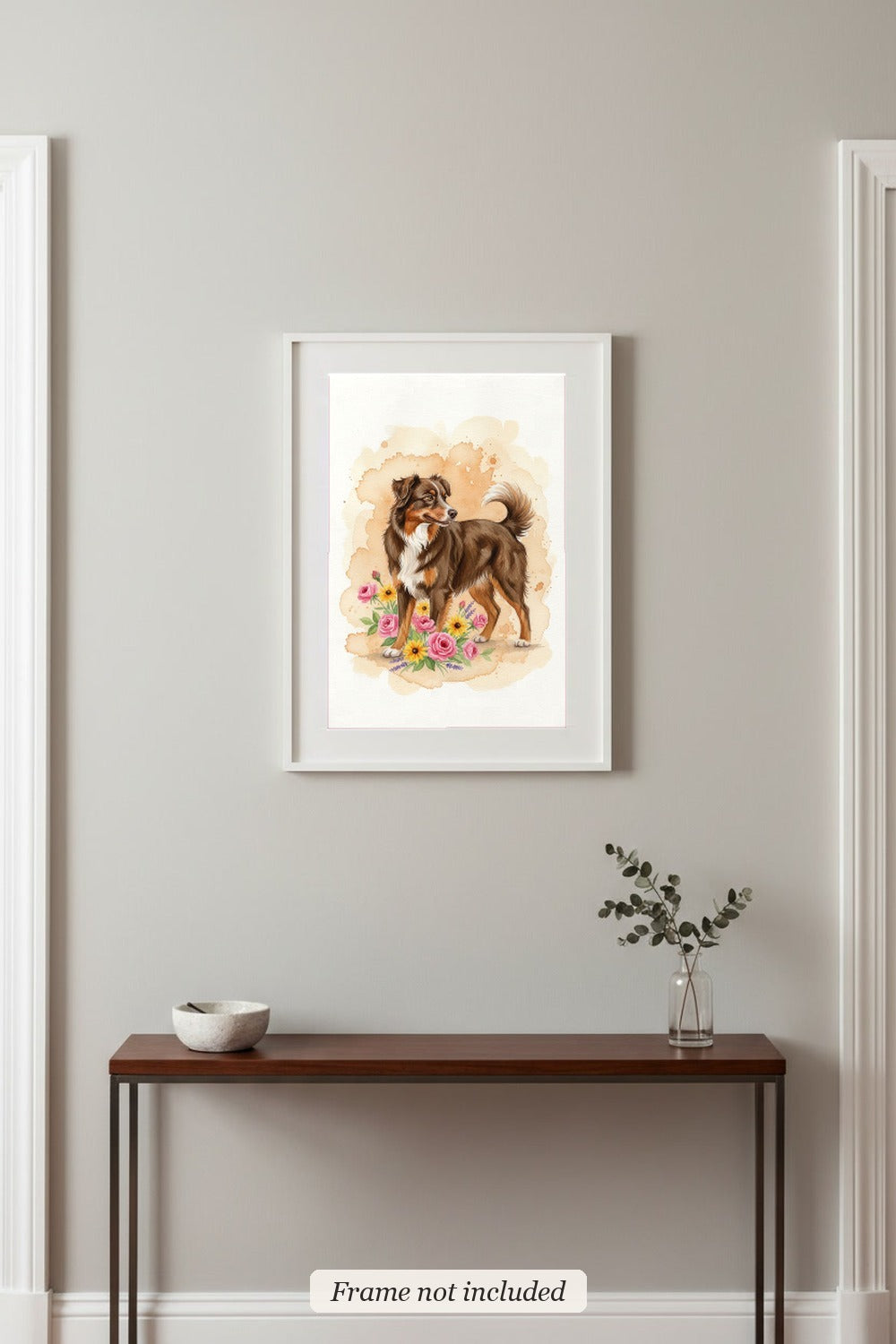 Red Tri - Australian Shepherd watercolour print in a slim white frame (frame not included) in an entrance hall