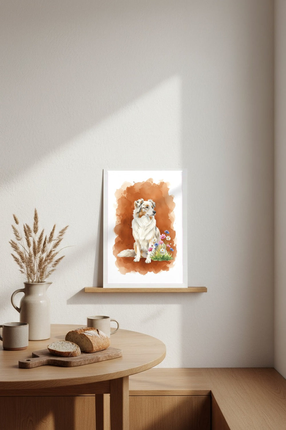 Blue Merle - Australian Shepherd watercolour print leaning in a kitchen nook