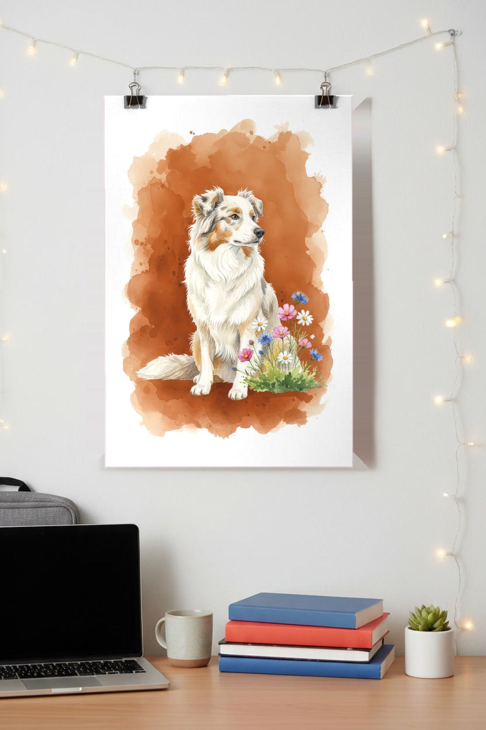Blue Merle - Australian Shepherd watercolour print hung with clips above a student desk