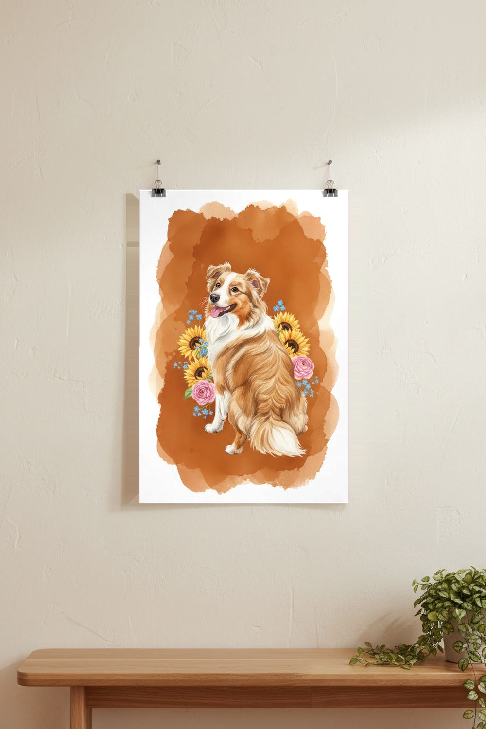 Red Merle - Australian Shepherd watercolour print hung with clips on a gallery wall