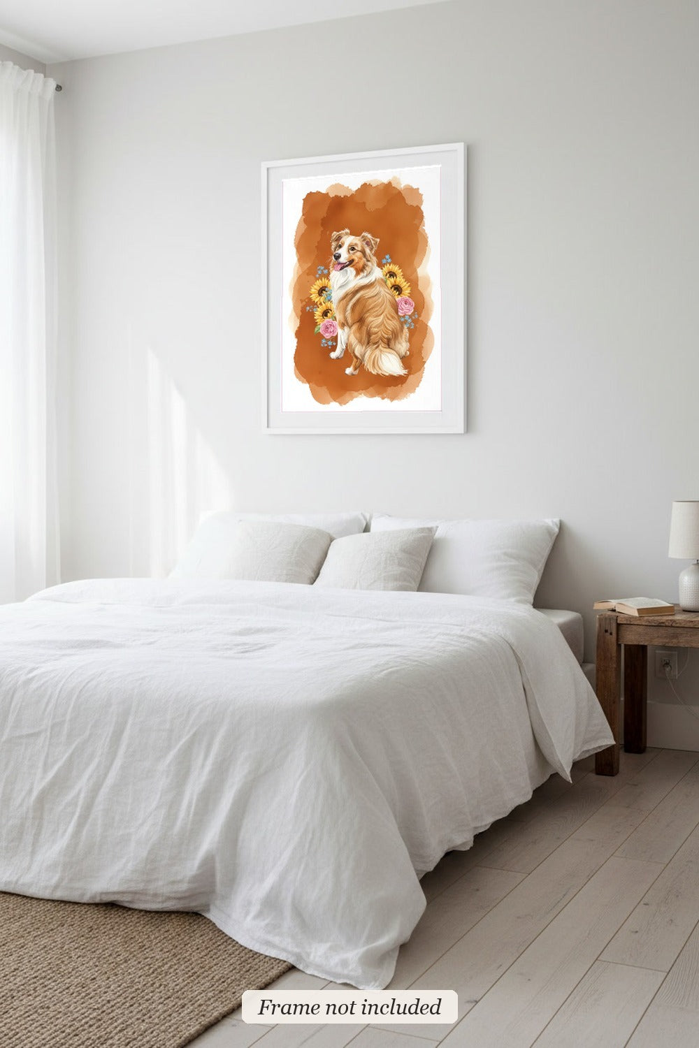 Red Merle - Australian Shepherd watercolour print in a slim white frame (frame not included) in a bedroom