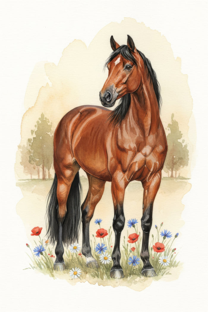 Watercolour portrait of a bay-coated Swedish Riding Horse