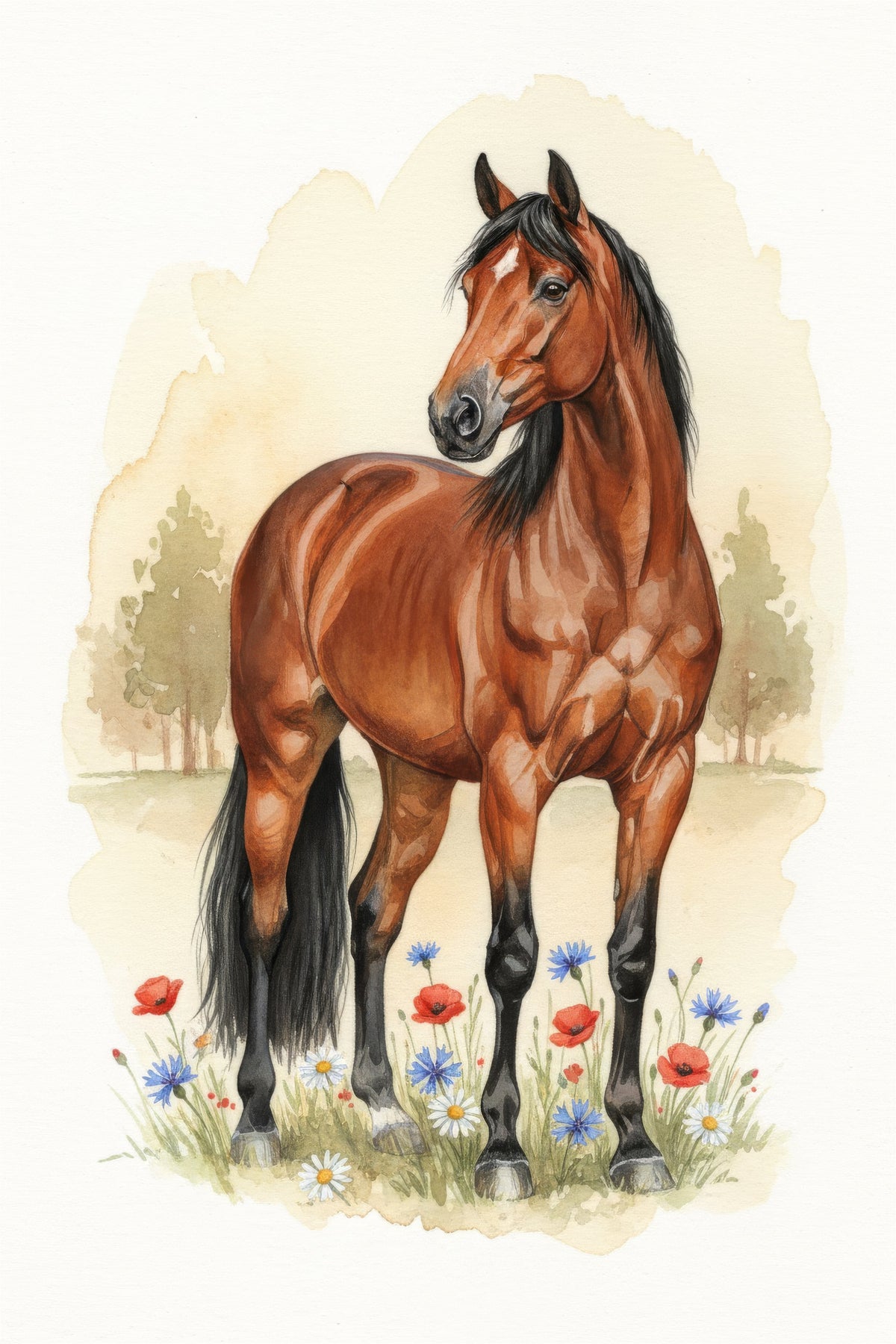 Watercolour portrait of a bay-coated Swedish Riding Horse