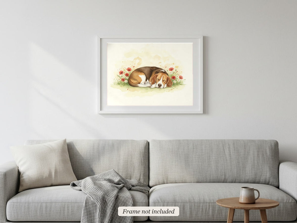 Chocolate - Beagle watercolour print in a slim white frame (frame not included) above a sofa