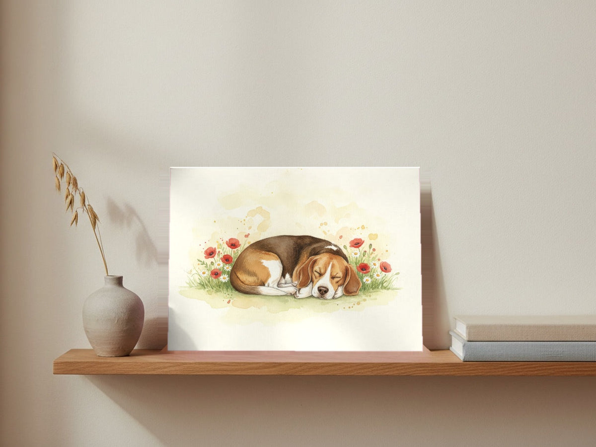 Chocolate - Beagle watercolour print leaning on a picture ledge