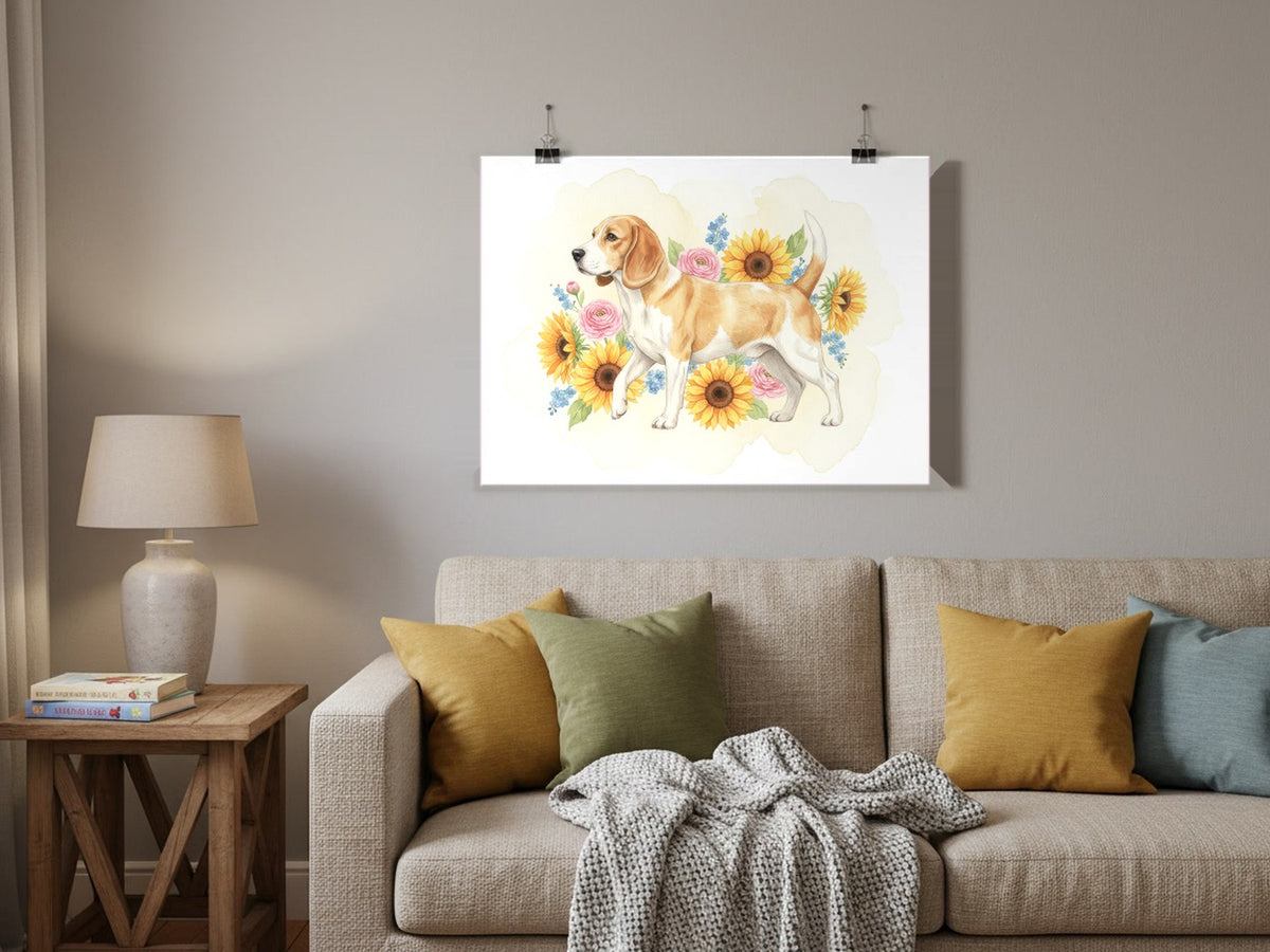 Lemon - Beagle watercolour print hung with clips in a family living room