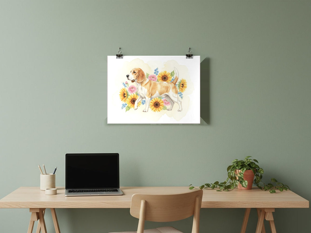 Lemon - Beagle watercolour print hung with clips in a home office
