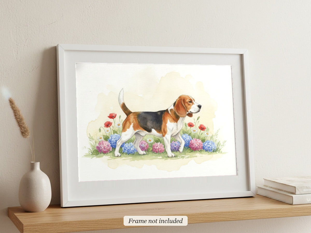 Red - Beagle watercolour print in a slim white frame (frame not included), leaning on a picture ledge