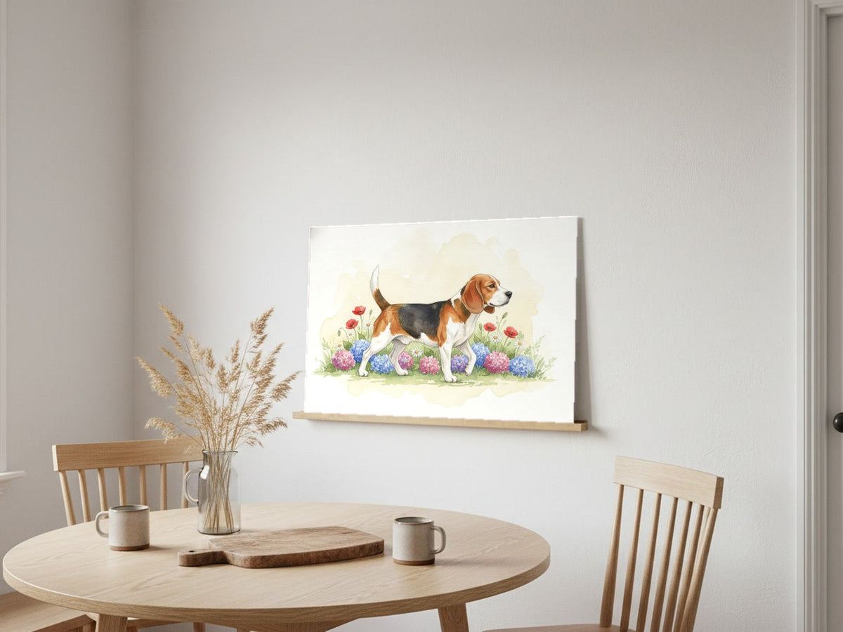 Red - Beagle watercolour print leaning in a kitchen nook
