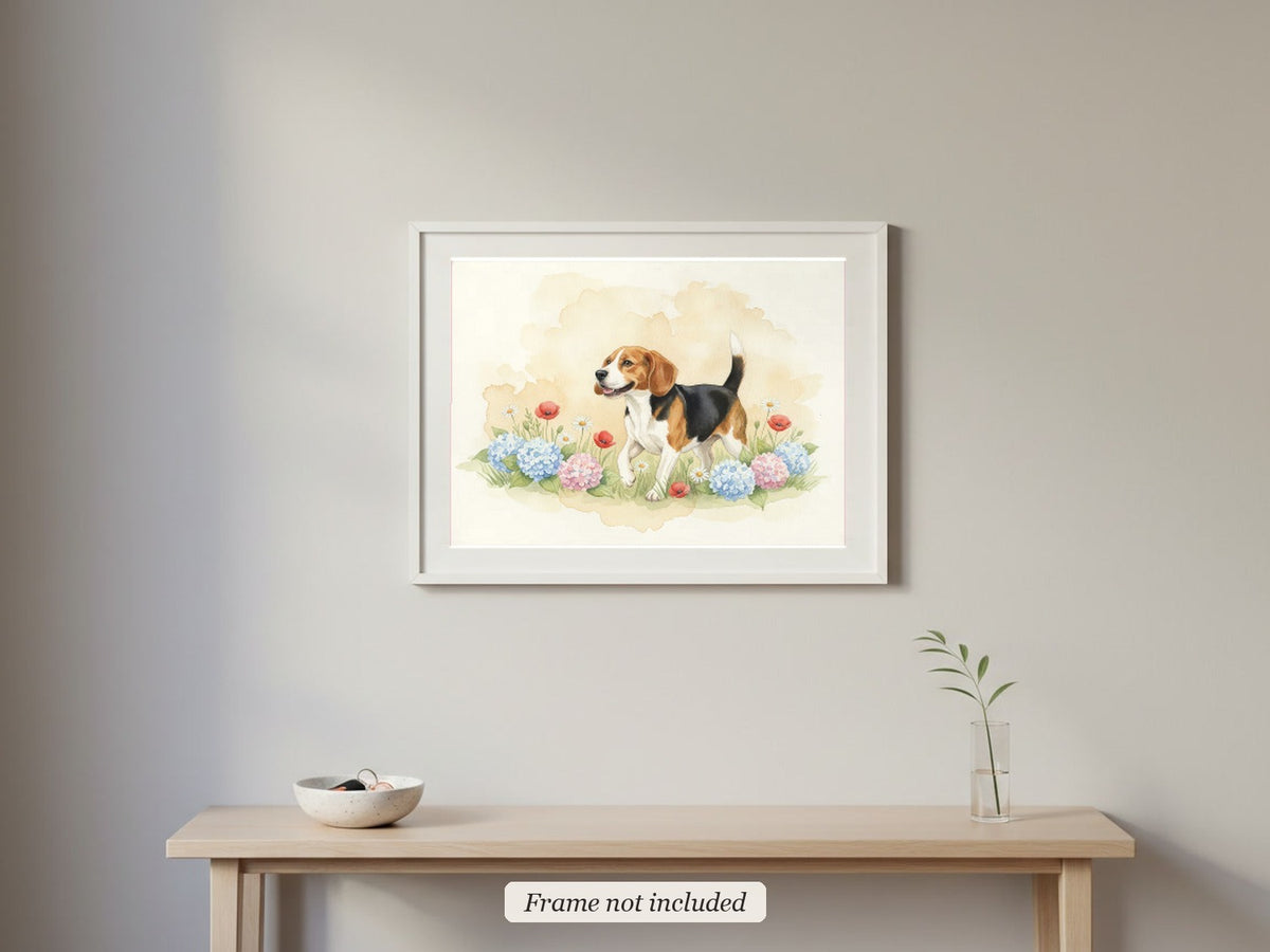 Tricolour - Beagle watercolour print in a slim white frame (frame not included) in an entrance hall