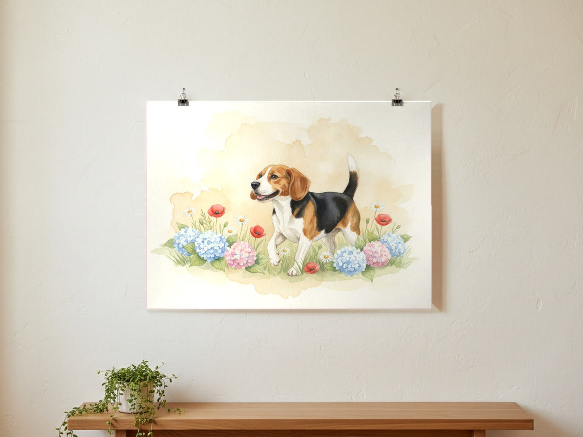 Tricolour - Beagle watercolour print hung with clips on a gallery wall