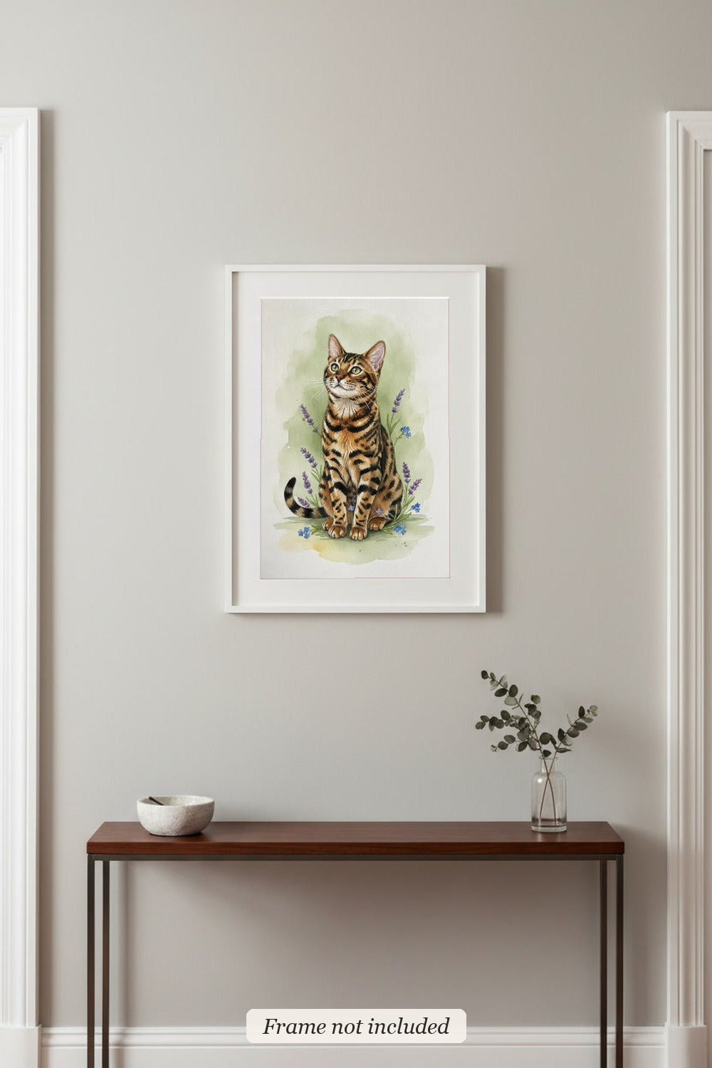 Charcoal - Bengal Cat watercolour print in a slim white frame (frame not included) in an entrance hall