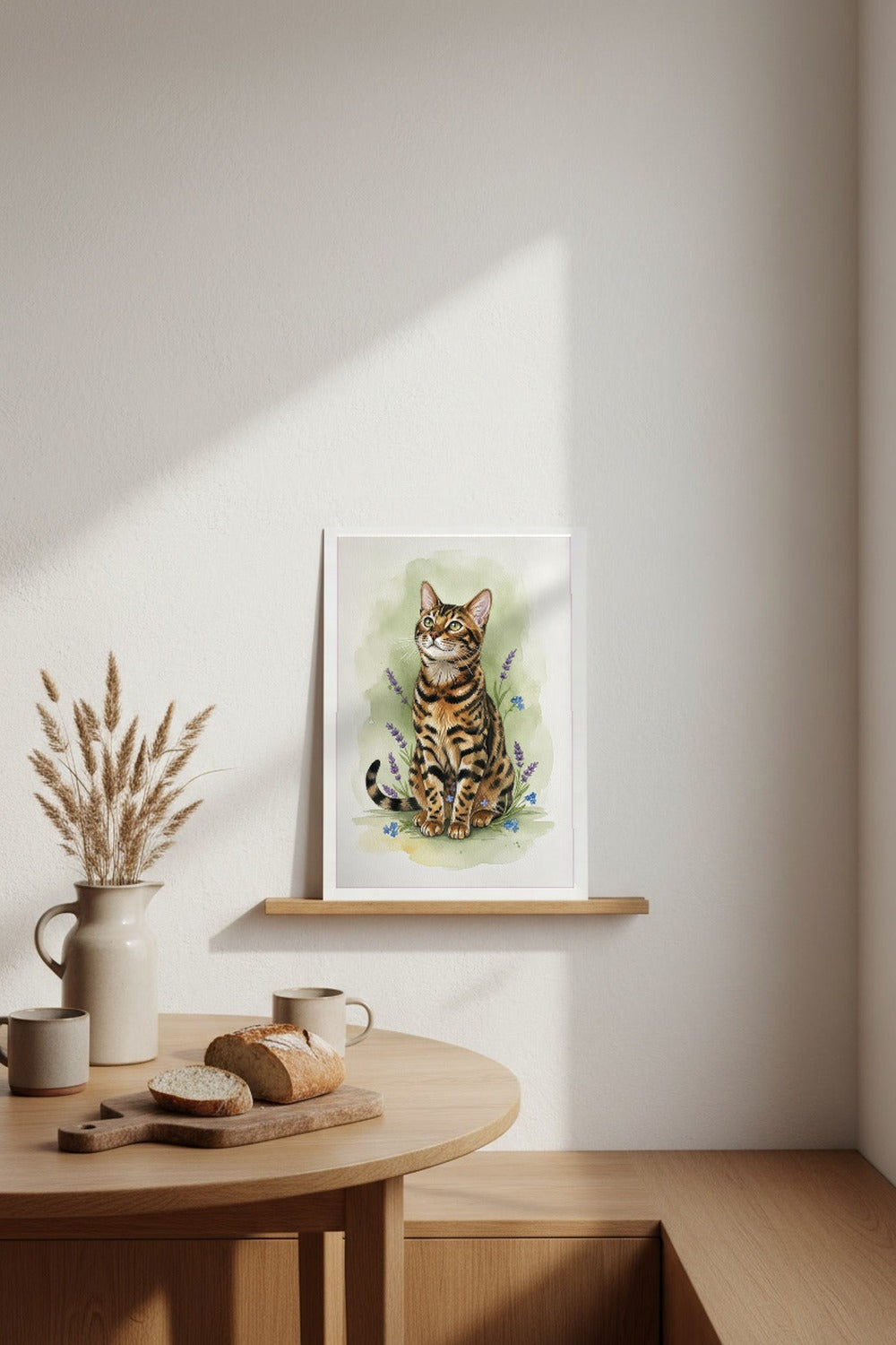 Charcoal - Bengal Cat watercolour print leaning in a kitchen nook