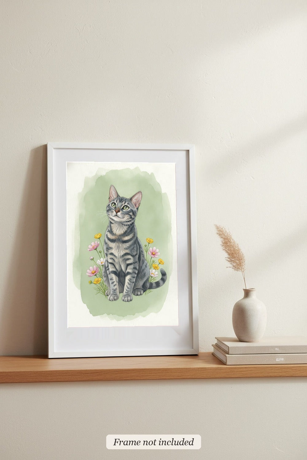 Silver - Bengal Cat watercolour print in a slim white frame (frame not included), leaning on a picture ledge