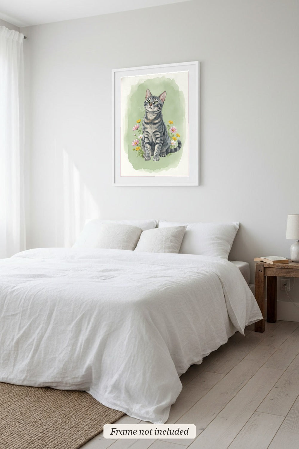 Silver - Bengal Cat watercolour print in a slim white frame (frame not included) in a bedroom