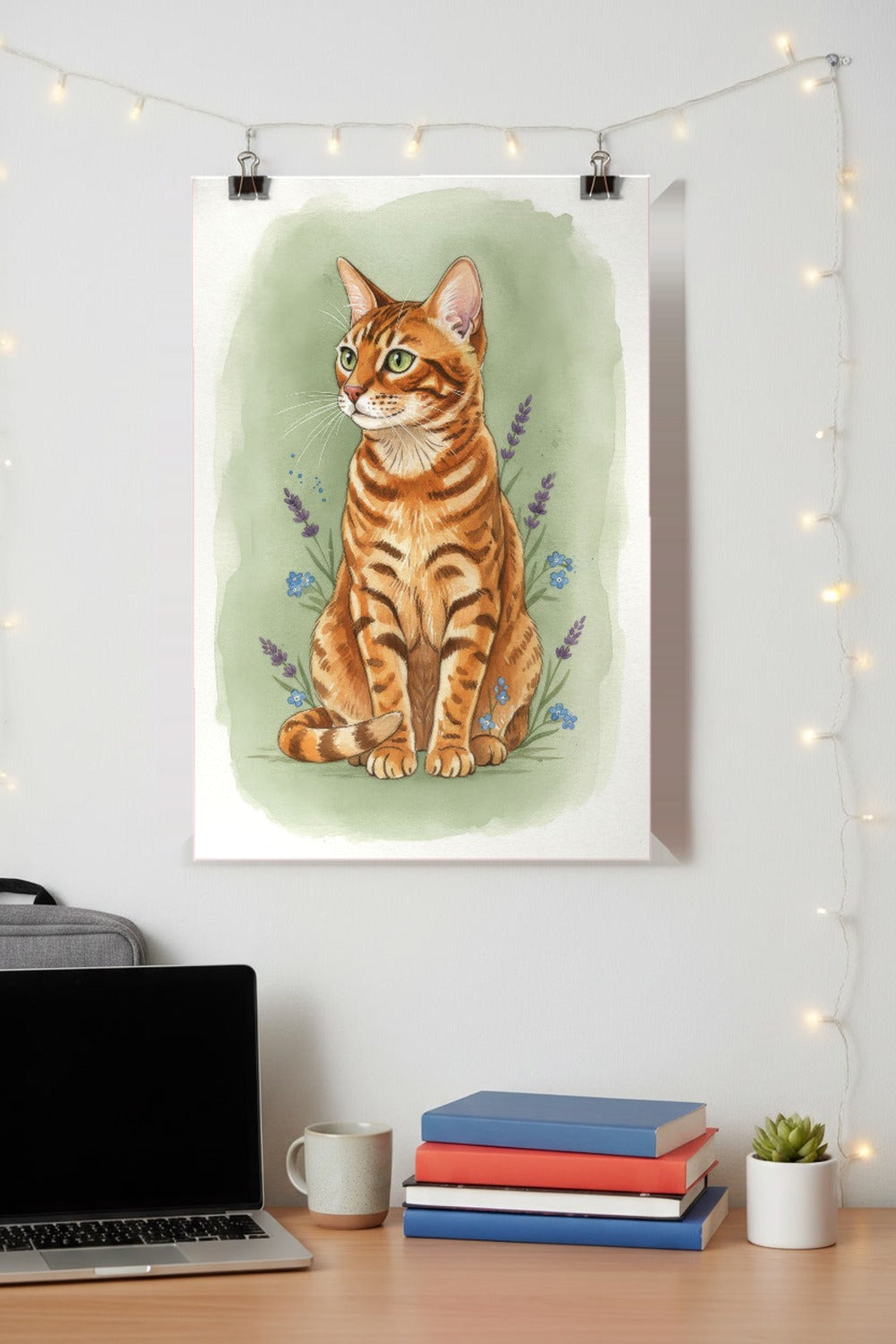 Brown Spotted - Bengal Cat watercolour print hung with clips above a student desk
