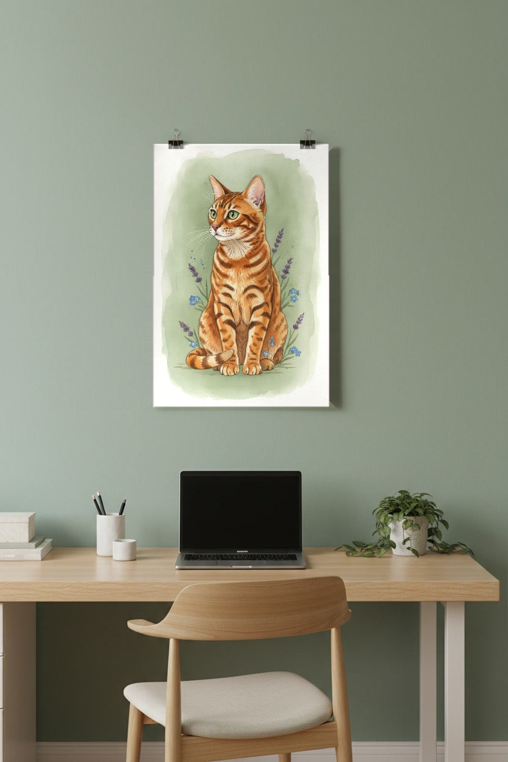 Brown Spotted - Bengal Cat watercolour print hung with clips in a home office