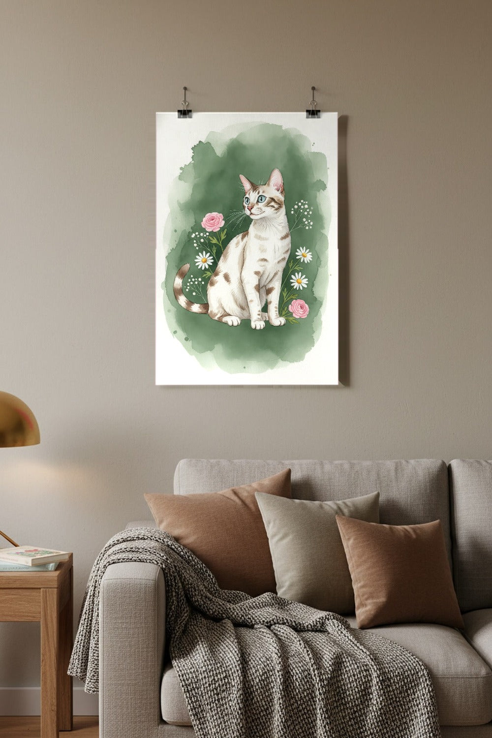 Snow - Bengal Cat watercolour print hung with clips in a family living room