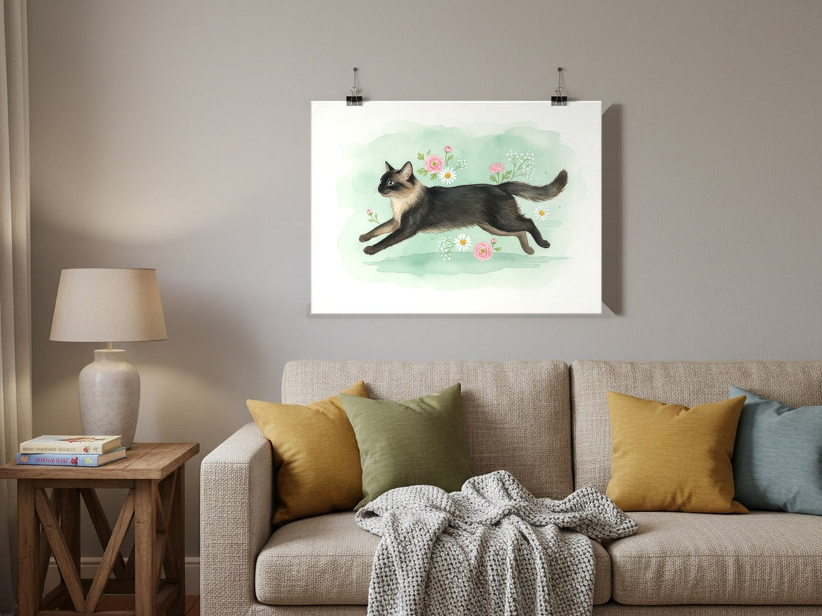 Black - Birman Cat watercolour print hung with clips in a family living room