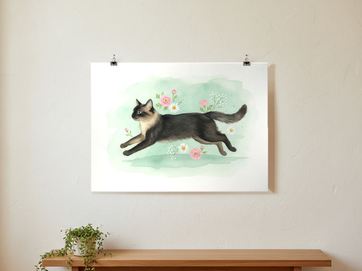 Black - Birman Cat watercolour print hung with clips on a gallery wall