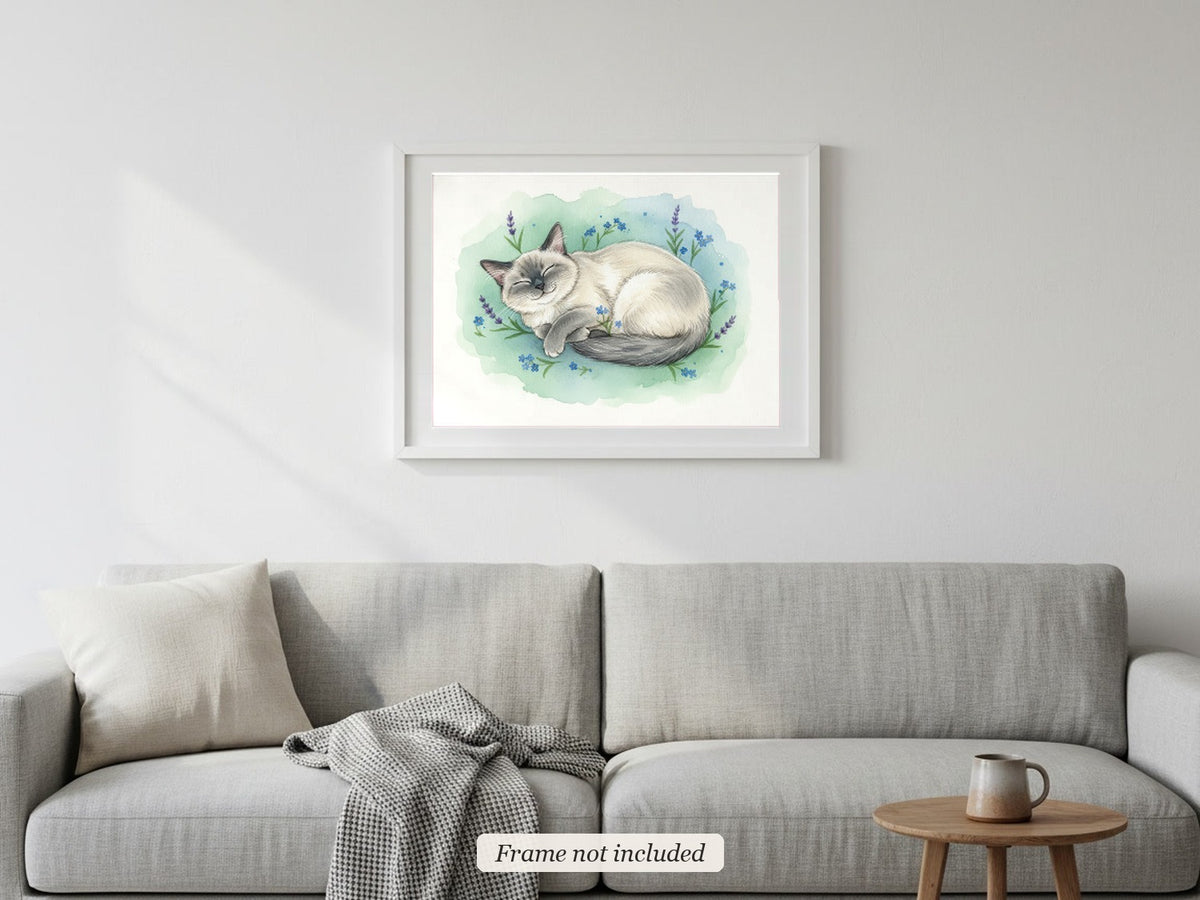 Blue Point - Birman Cat watercolour print in a slim white frame (frame not included) above a sofa