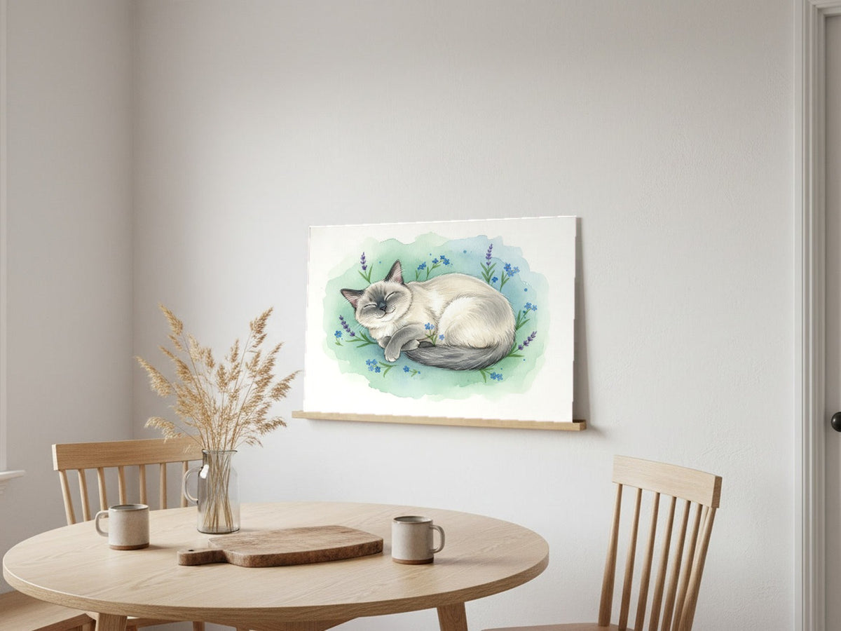 Blue Point - Birman Cat watercolour print leaning in a kitchen nook