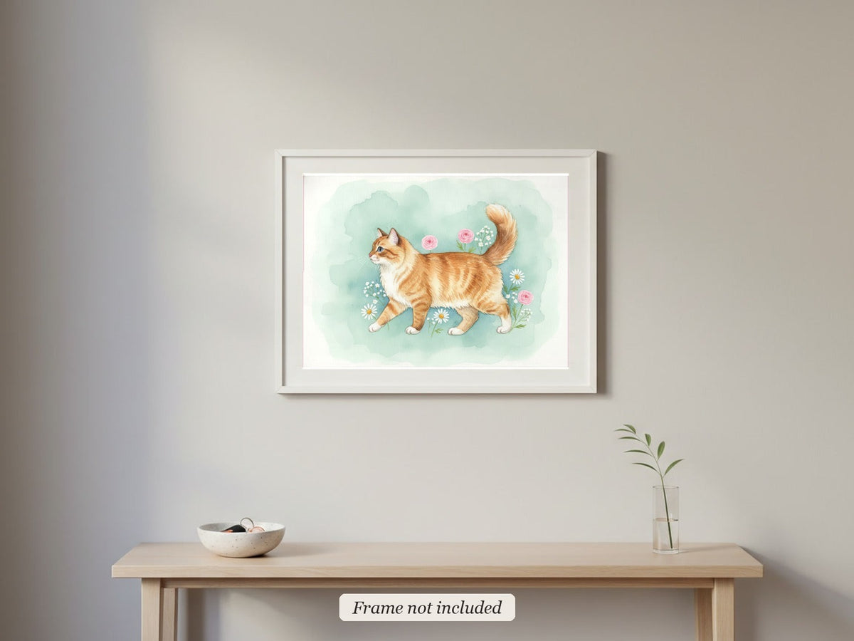 Red Point - Birman Cat watercolour print in a slim white frame (frame not included) in an entrance hall