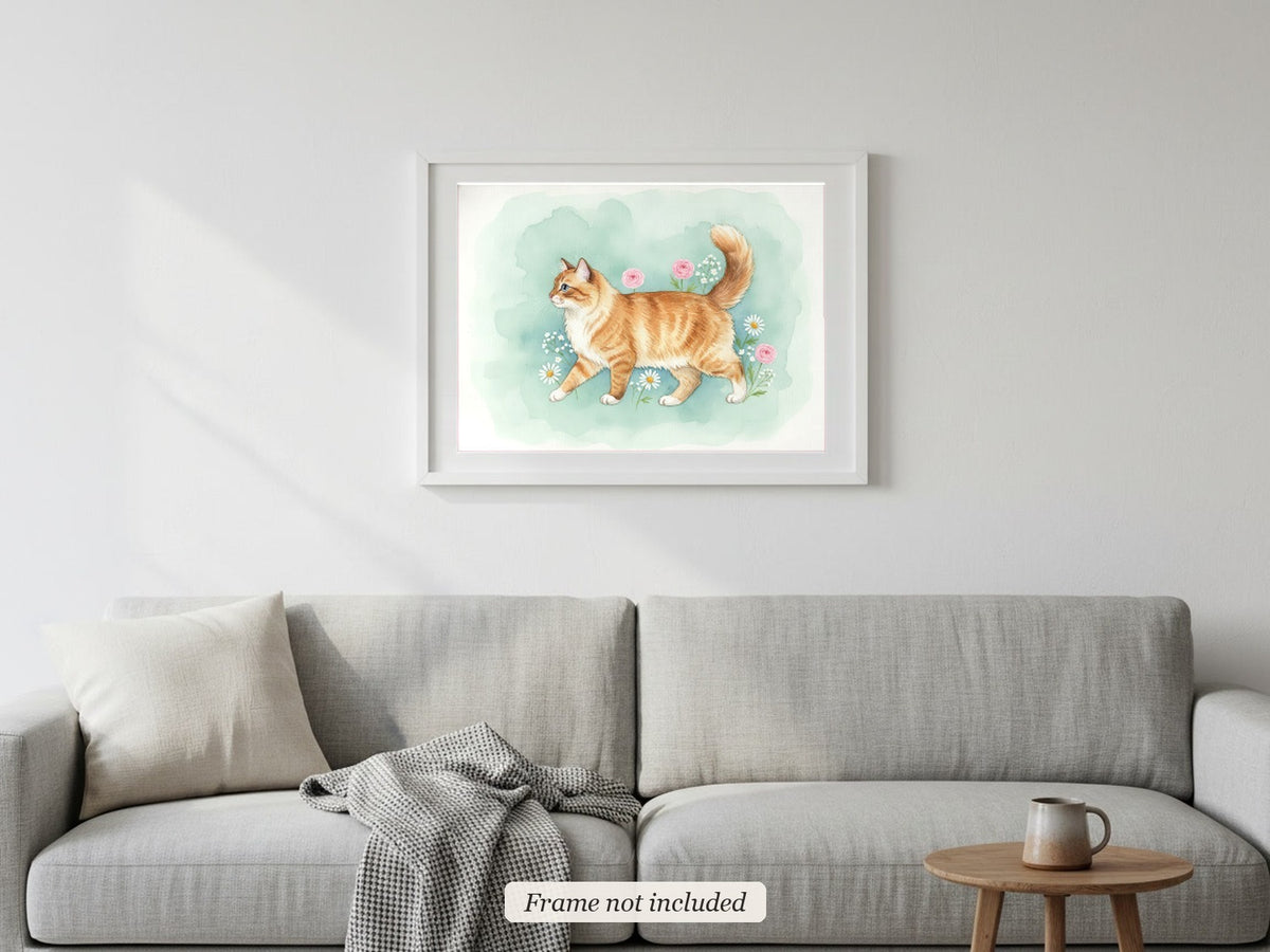 Red Point - Birman Cat watercolour print in a slim white frame (frame not included) above a sofa