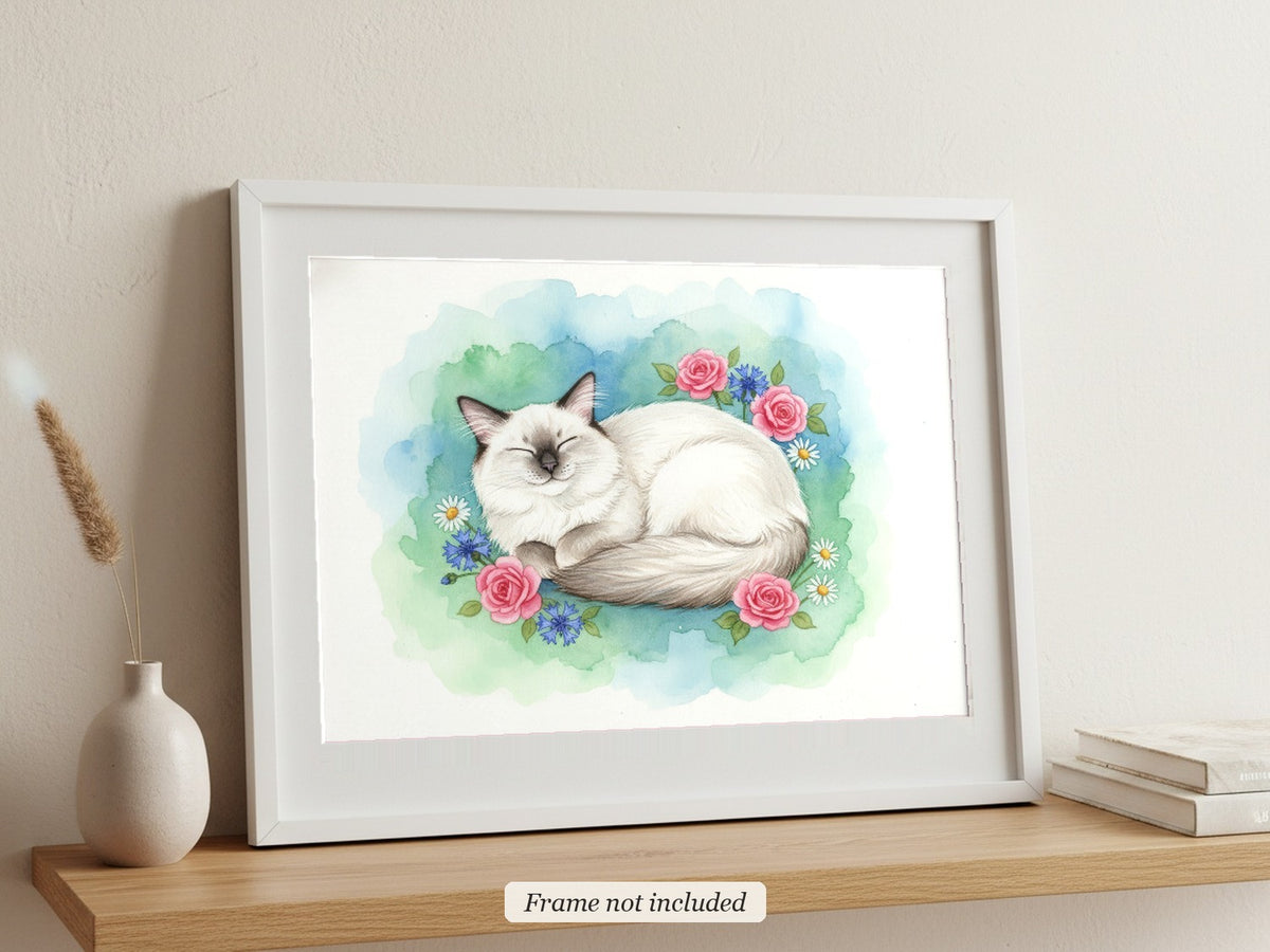 Seal Point - Birman Cat watercolour print in a slim white frame (frame not included), leaning on a picture ledge