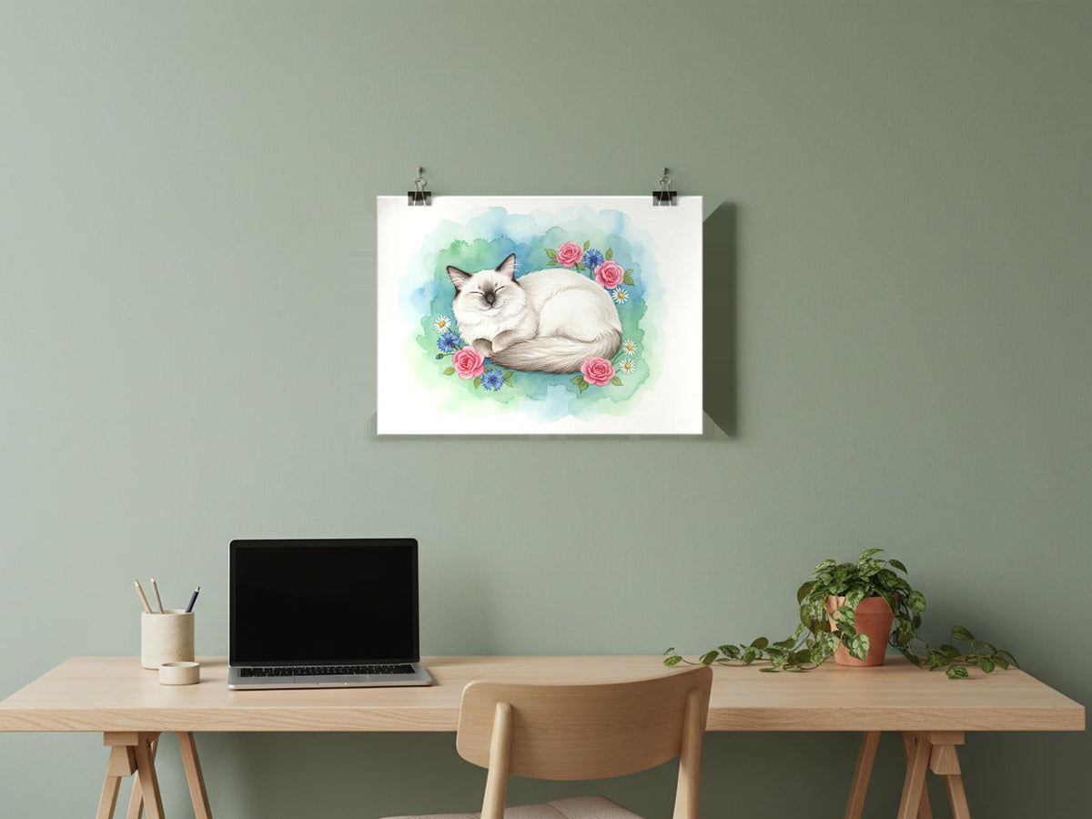 Seal Point - Birman Cat watercolour print hung with clips in a home office