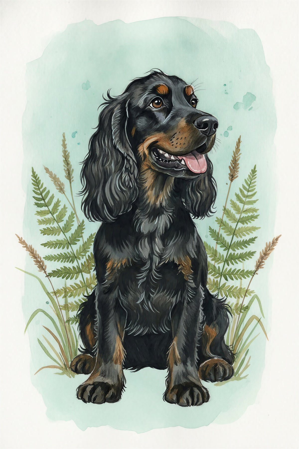 Watercolour portrait of a black-coated Cocker Spaniel