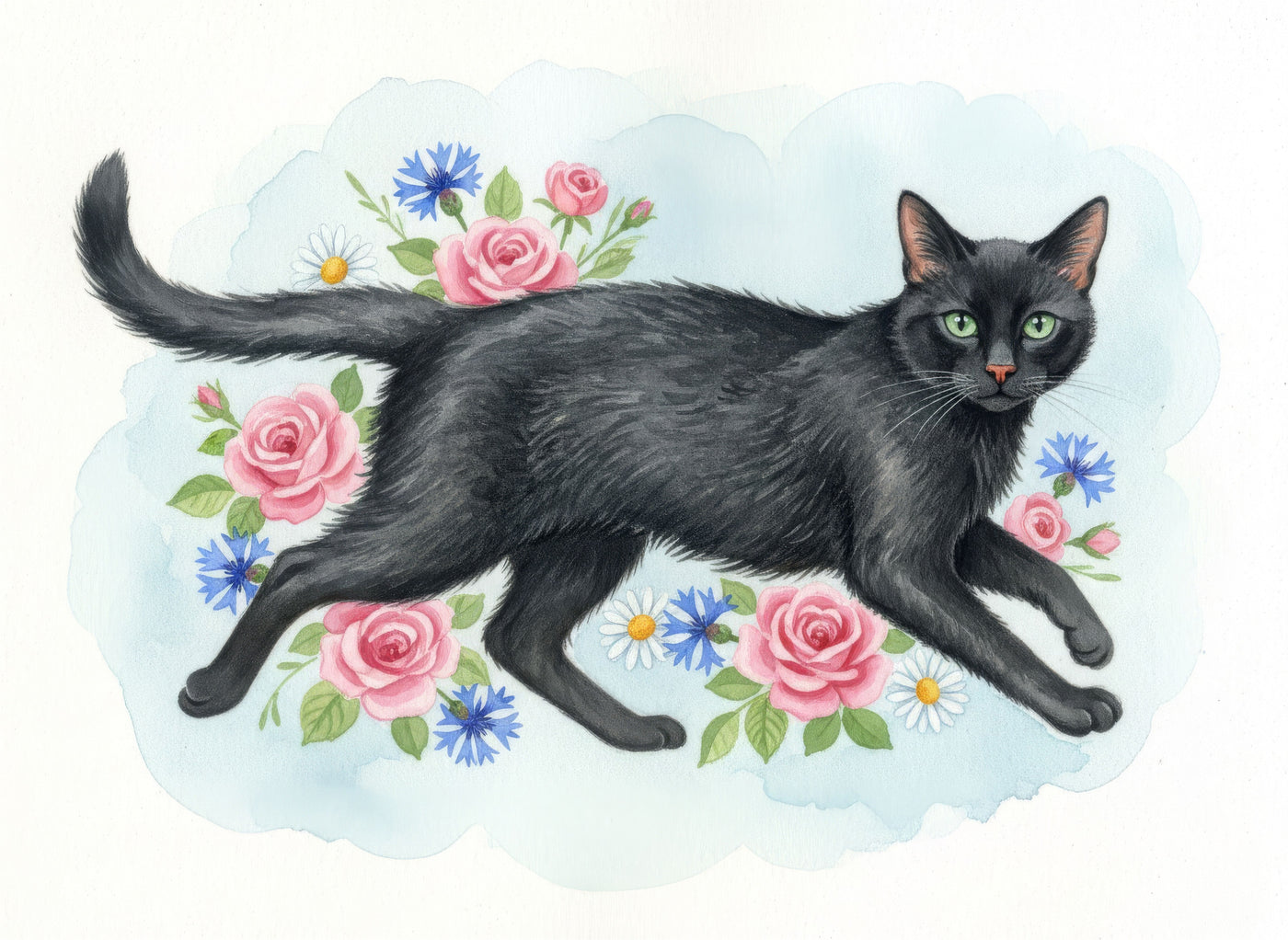 Watercolour portrait of a black-coated Russian Blue Cat