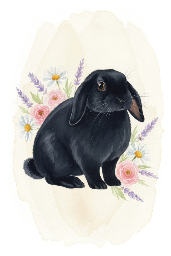 Watercolour portrait of a black-coated Holland Lop Rabbit