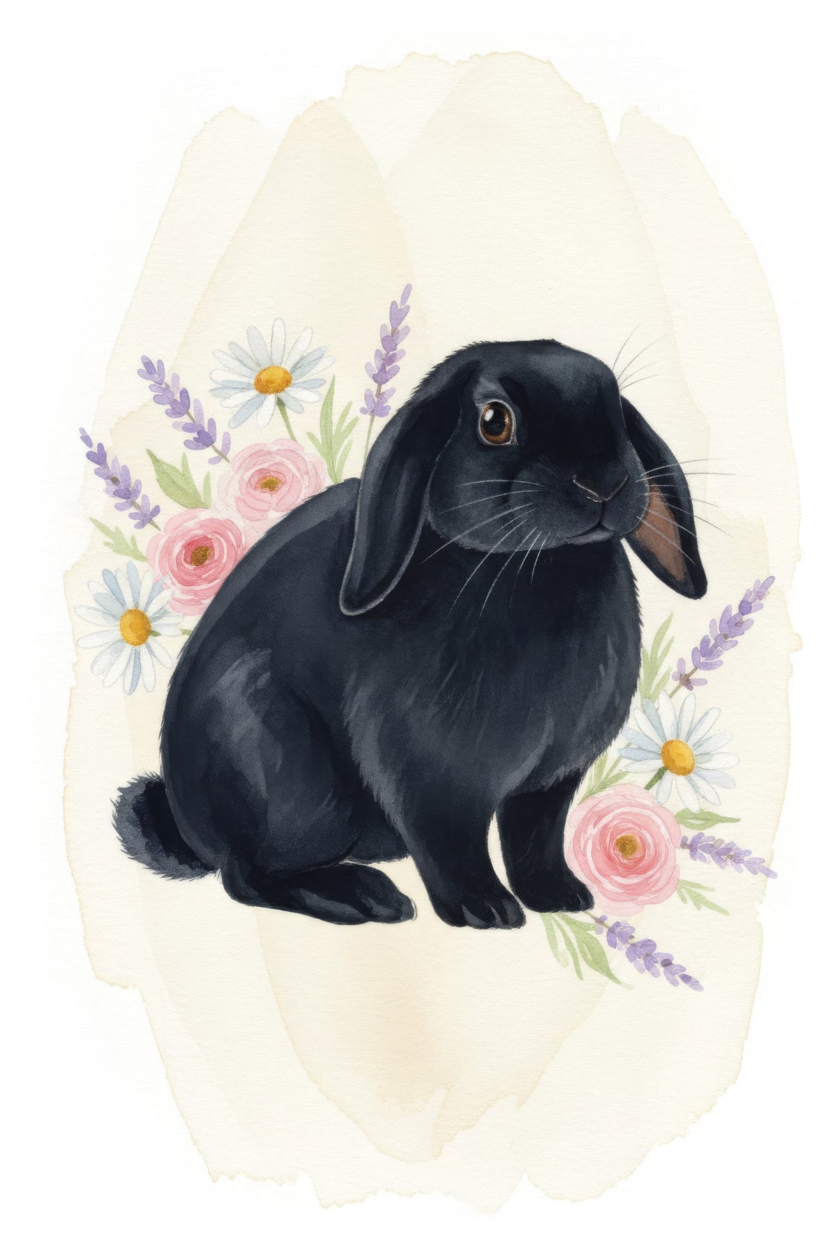 Watercolour portrait of a black-coated Holland Lop Rabbit
