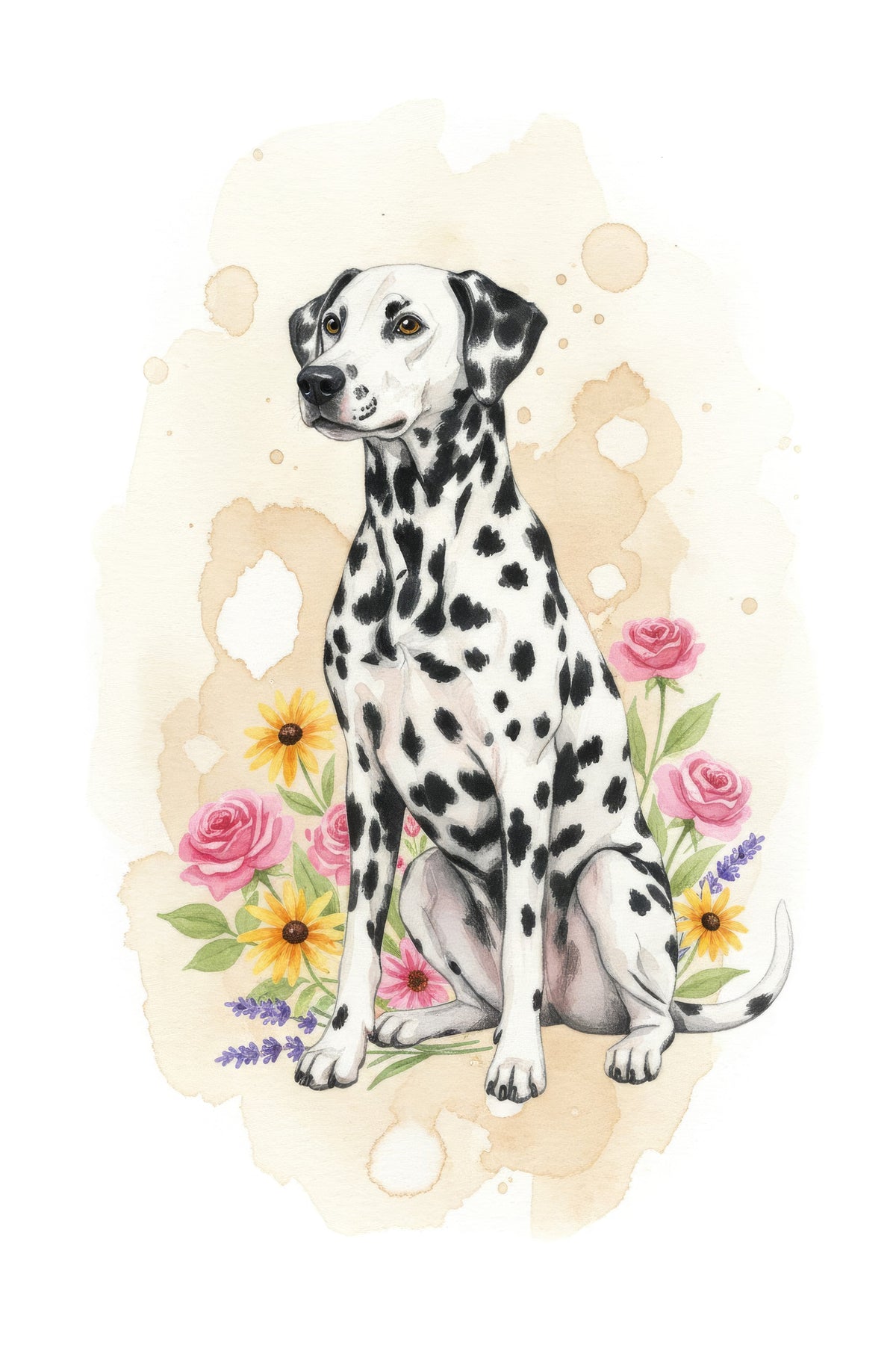 Watercolour portrait of a blackspotted-coated Dalmatian
