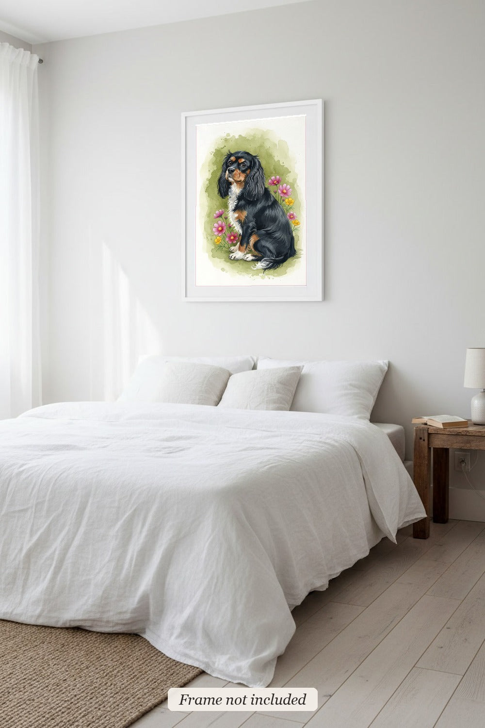 Tricolour - Cavalier King Charles Spaniel watercolour print in a slim white frame (frame not included) in a bedroom