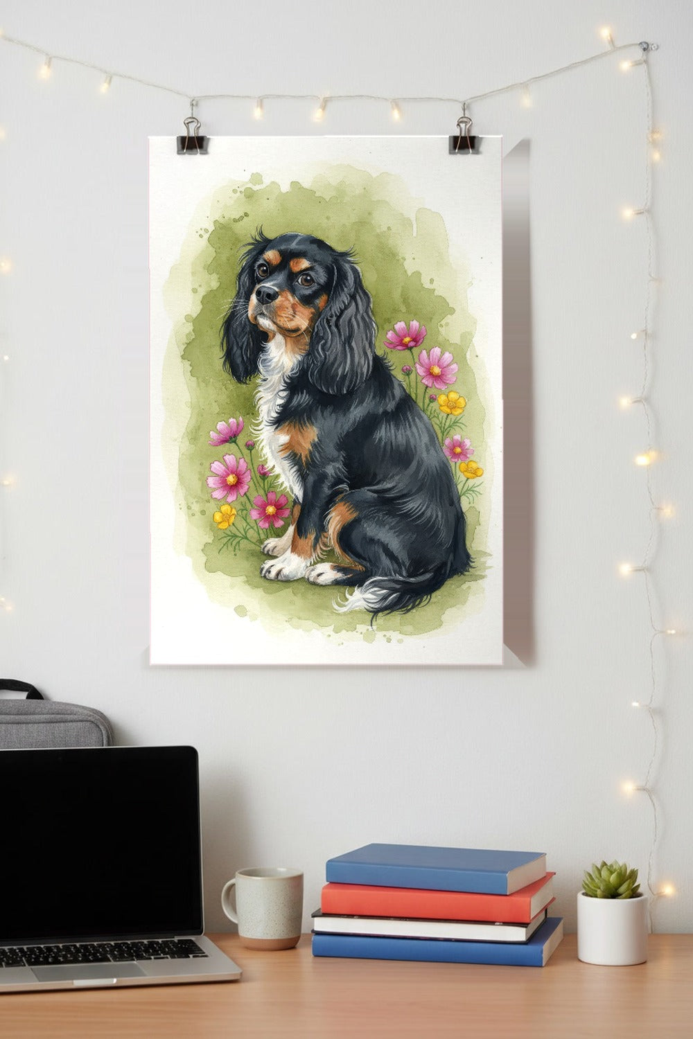 Tricolour - Cavalier King Charles Spaniel watercolour print hung with clips above a student desk