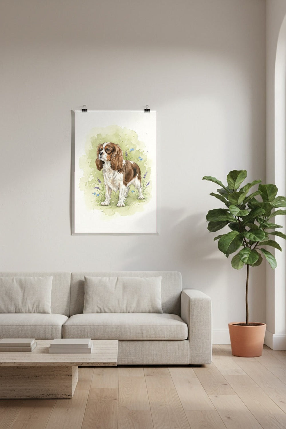 Blenheim - Cavalier King Charles Spaniel watercolour print hung with clips in a designer loft