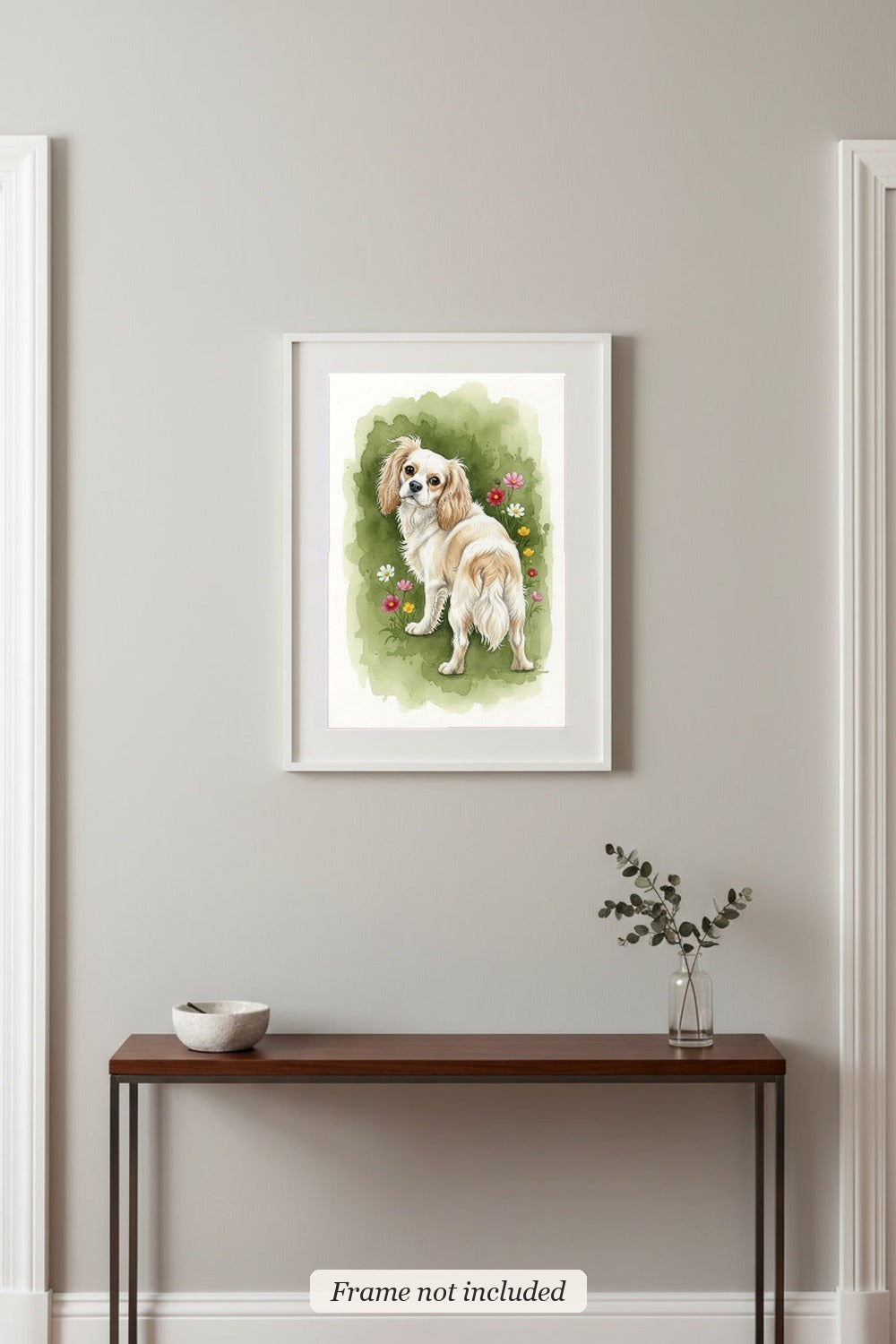 Light Blenheim - Cavalier King Charles Spaniel watercolour print in a slim white frame (frame not included) in an entrance hall