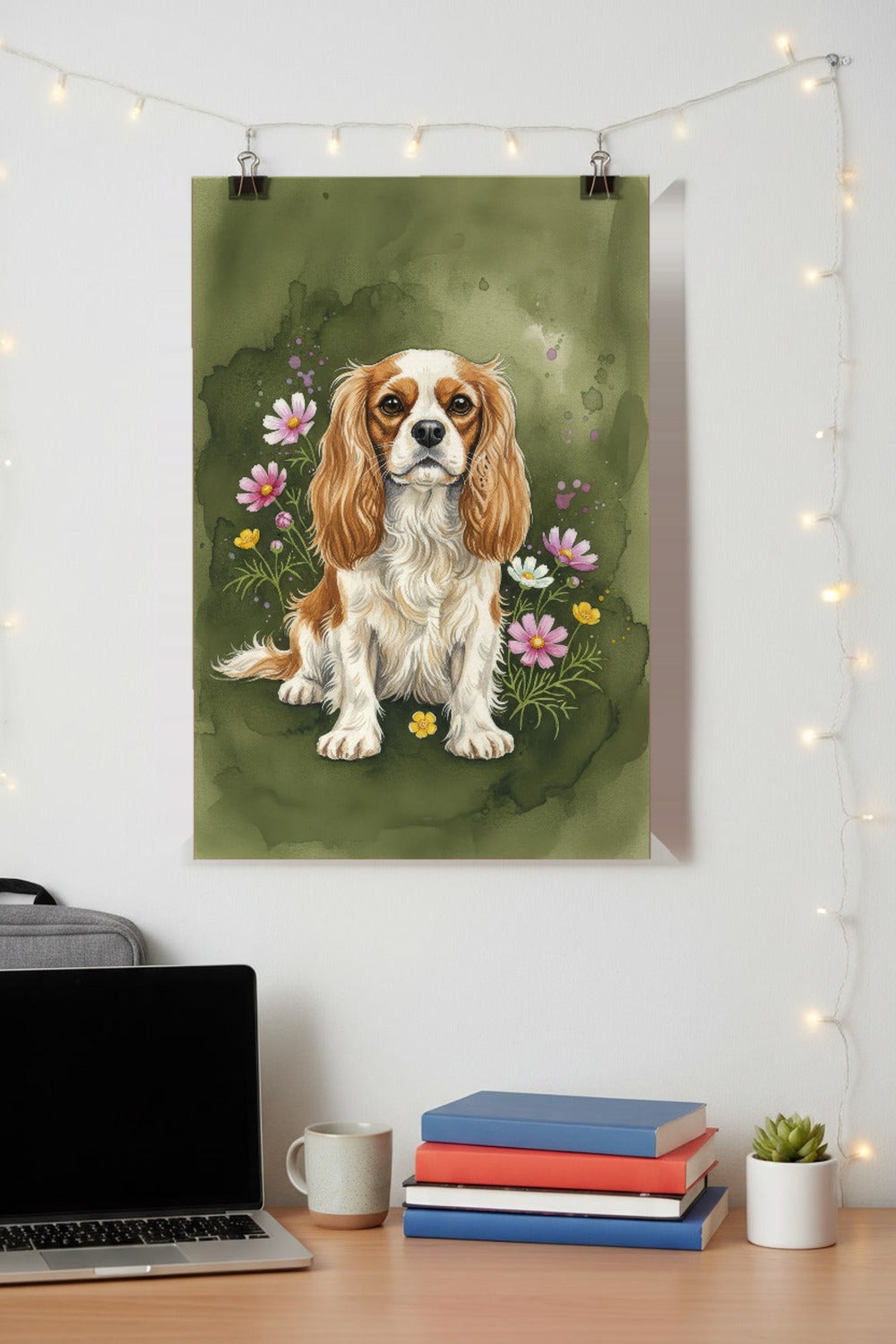 Deep Blenheim - Cavalier King Charles Spaniel watercolour print hung with clips above a student desk