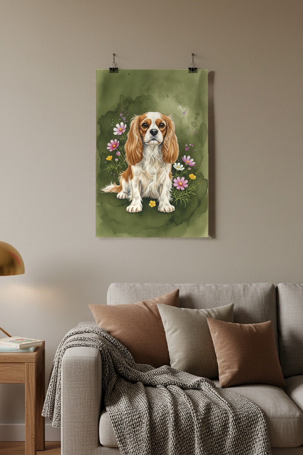 Deep Blenheim - Cavalier King Charles Spaniel watercolour print hung with clips in a family living room