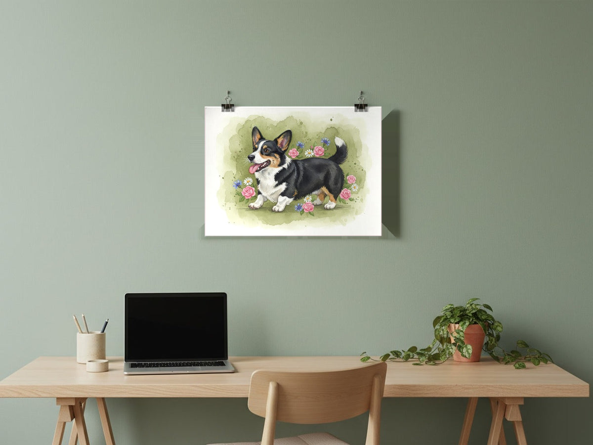 Tricolour - Corgi watercolour print hung with clips in a home office