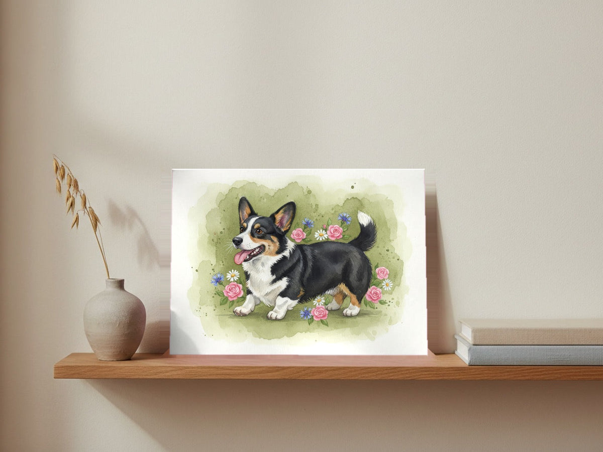 Tricolour - Corgi watercolour print leaning on a picture ledge