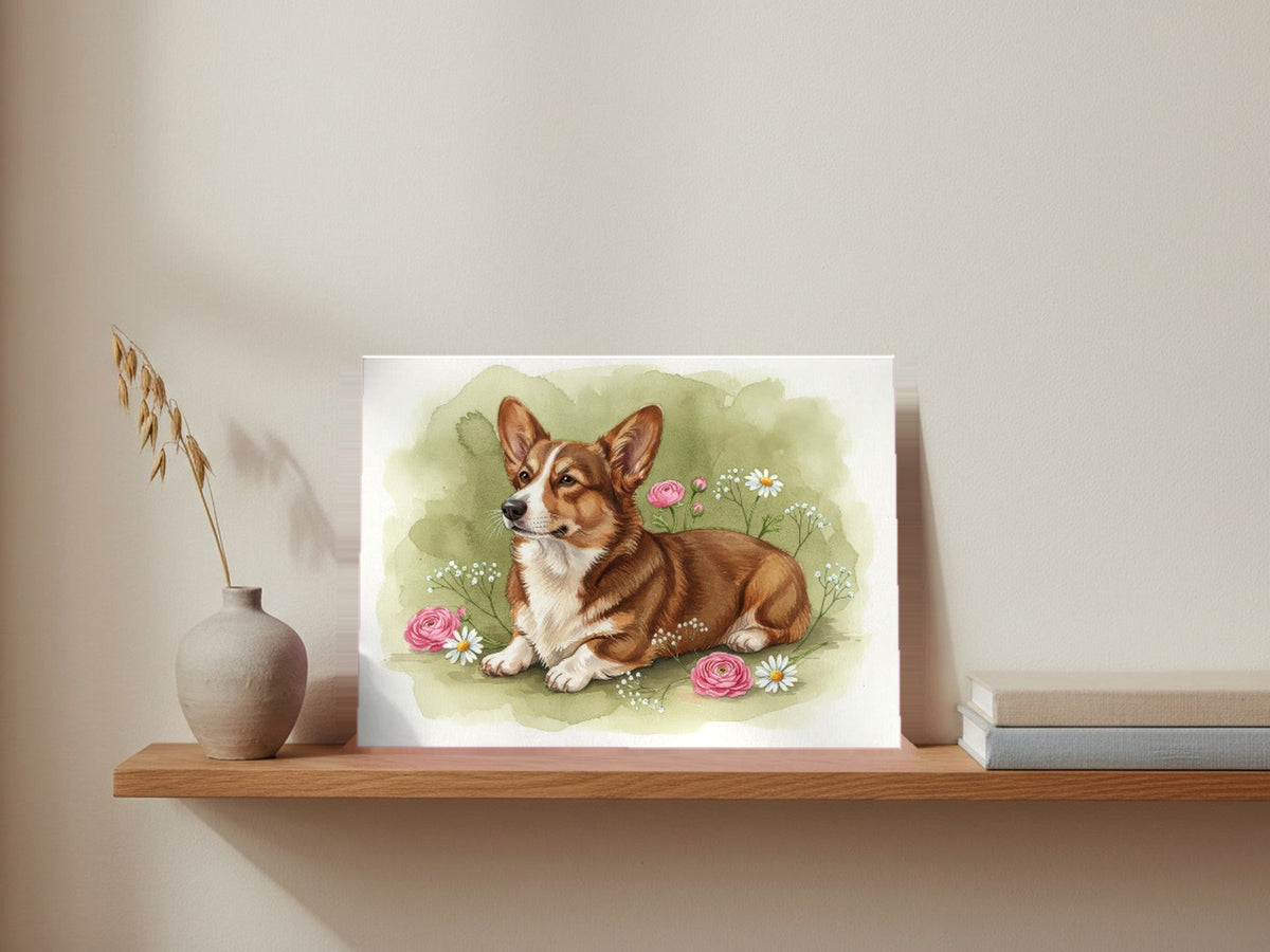 Sable - Corgi watercolour print leaning on a picture ledge