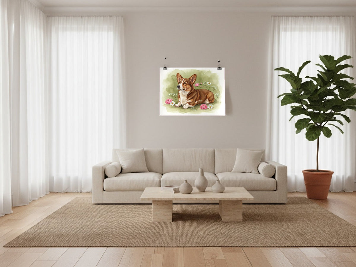 Sable - Corgi watercolour print hung with clips in a designer loft