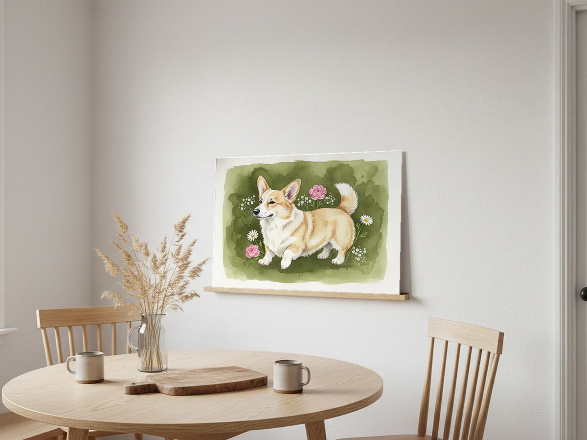Fawn - Corgi watercolour print leaning in a kitchen nook
